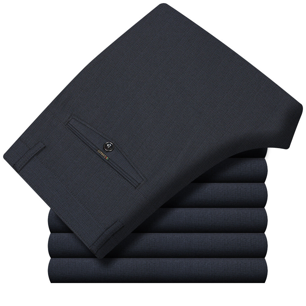 Mens Mid Rise Stretch Trousers, folded navy trousers showing the plain fabric and pocket detail