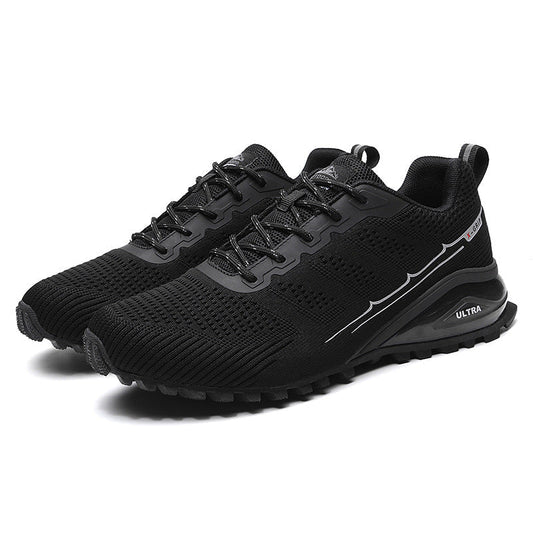 Mens Outdoor Sneakers in black with matching laces, mesh uppers and grey side detailing, displayed as a pair.