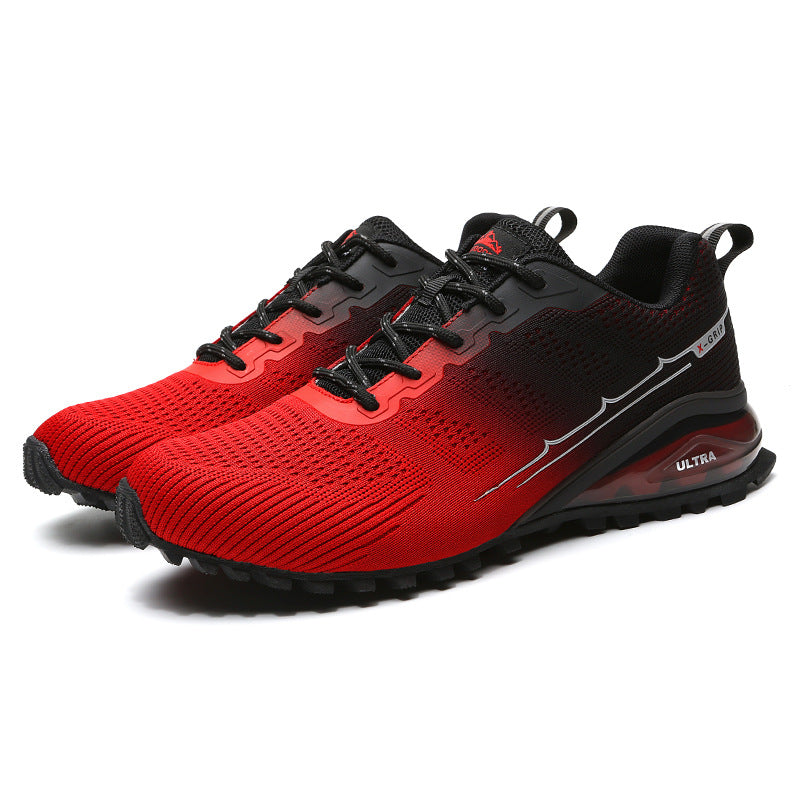 Mens Outdoor Sneakers in red and black with black laces and textured black soles, displayed as a pair.