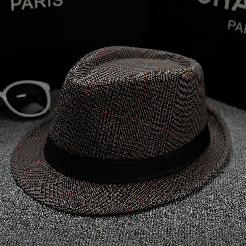 Mens Patterned Cotton Linen Hats in a dark pattern with red intersecting lines, angled view showing the brim and black hatband