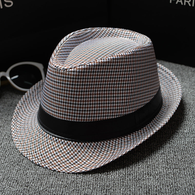 Mens Patterned Cotton Linen Hats in a light checked pattern with darker lines, showing the crown, brim and black hatband