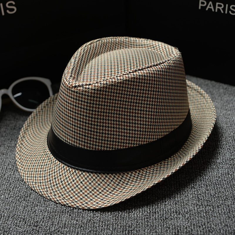 Mens Patterned Cotton Linen Hats in beige and dark houndstooth, angled view showing the crown, brim and black hatband