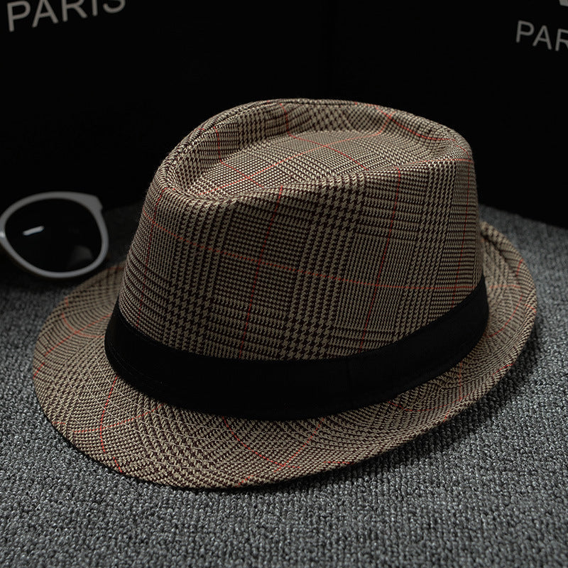 Mens Patterned Cotton Linen Hats in brown with dark intersecting lines, showing the patterned crown, brim and black hatband
