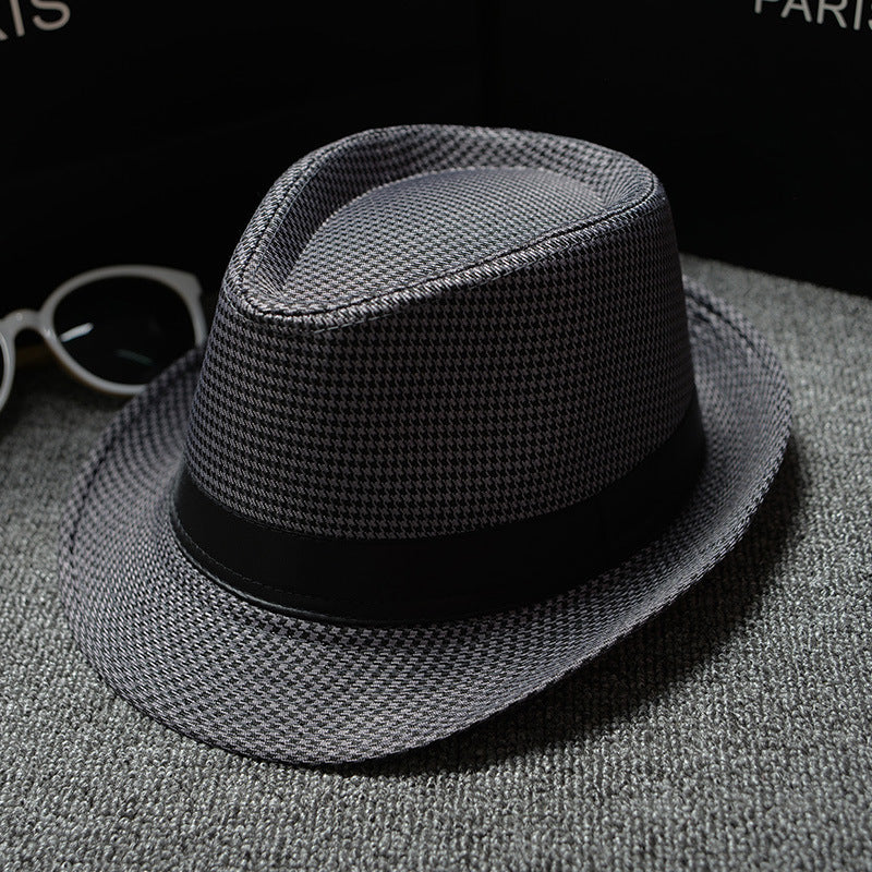 Mens Patterned Cotton Linen Hats in dark grey houndstooth, showing the shaped crown and matching brim with a black hatband