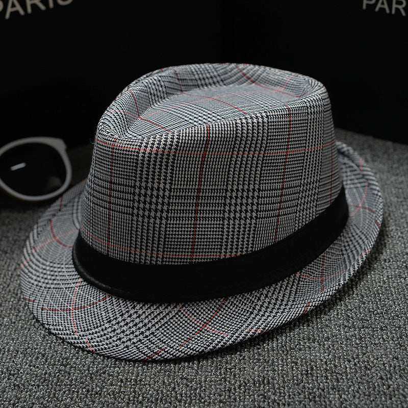 Mens Patterned Cotton Linen Hats in grey with dark and red intersecting lines, showing the shaped crown and black hatband
