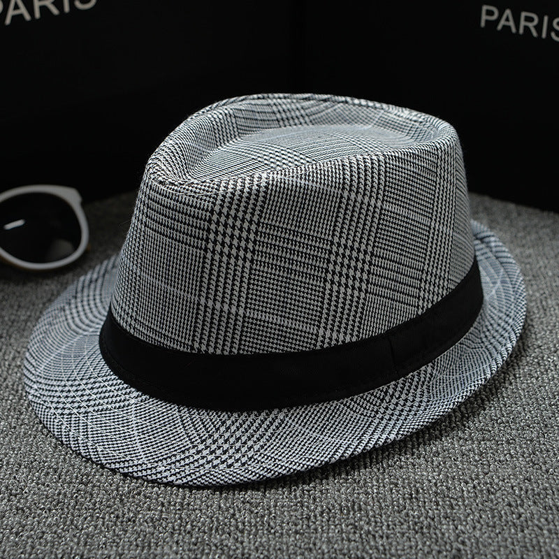 Mens Patterned Cotton Linen Hats in grey with fine diagonal stripes, angled view showing the patterned brim and black hatband