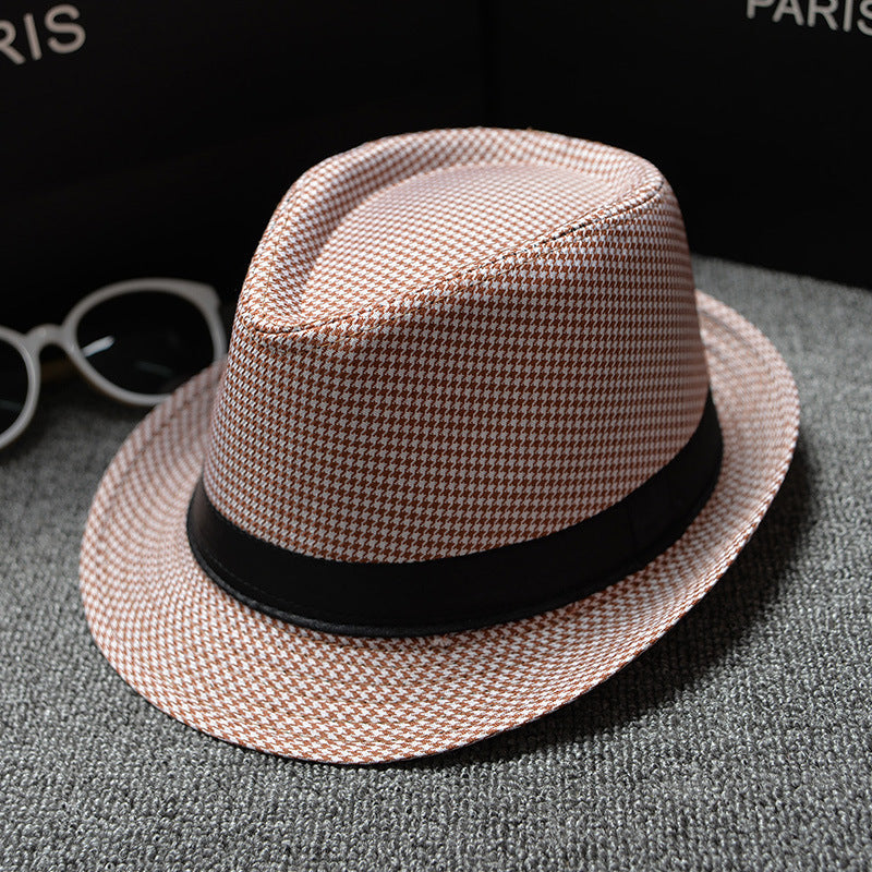 Mens Patterned Cotton Linen Hats in pink and white houndstooth, angled view with a contrasting black hatband