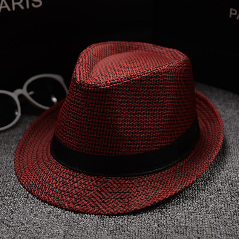 Mens Patterned Cotton Linen Hats in red and black houndstooth, showing the patterned crown and brim with a contrasting black hatband