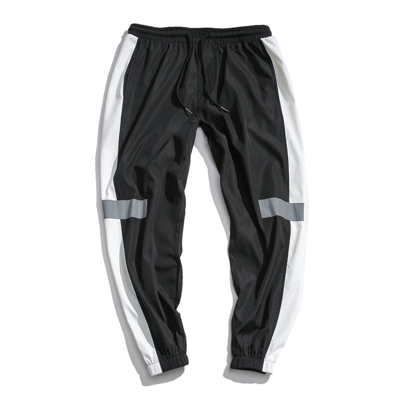 Mens Reflective Track Pants in Black, front product view showing the drawstring waist, light side panels and reflective bands