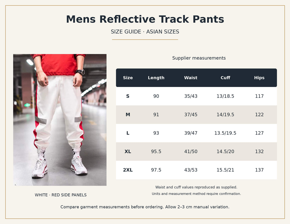 Mens Reflective Track Pants size guide showing White trousers with red side panels and supplier measurements for sizes S–2XL.
