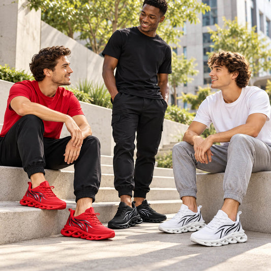 Mens Sculpted Sole Sneakers in red, black and white with flame-inspired details, worn by three male models on sunlit urban steps.