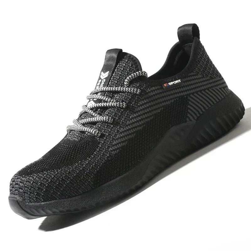 Mens Steel Toe Work Shoes Style 2 in black and grey with knitted uppers, patterned laces and a ridged black sole.