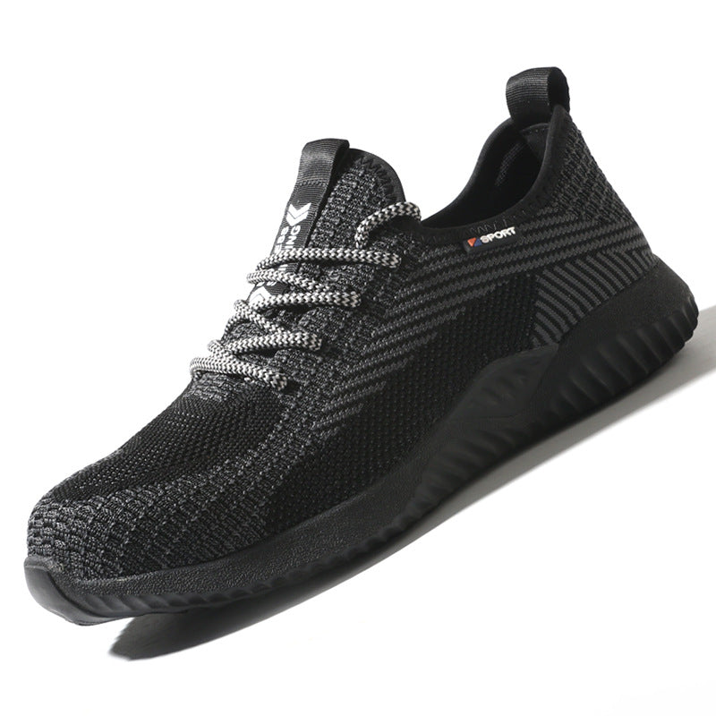 Mens Steel Toe Work Shoes Style 2 in black and grey with knitted uppers, patterned laces and a ridged black sole.