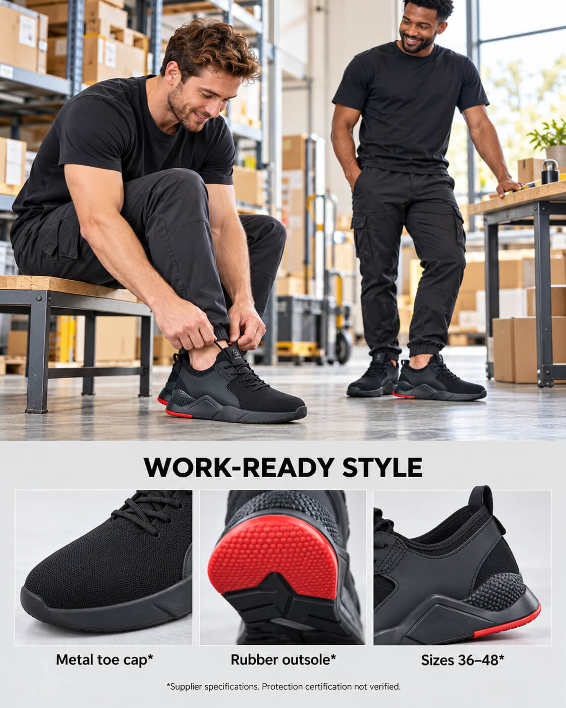 Mens Steel Toe Work Shoes collage showing two men wearing black work shoes in a warehouse, with close-ups of the toe, heel and sole.