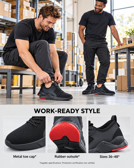 Mens Steel Toe Work Shoes collage showing two men wearing black work shoes in a warehouse, with close-ups of the toe, heel and sole.