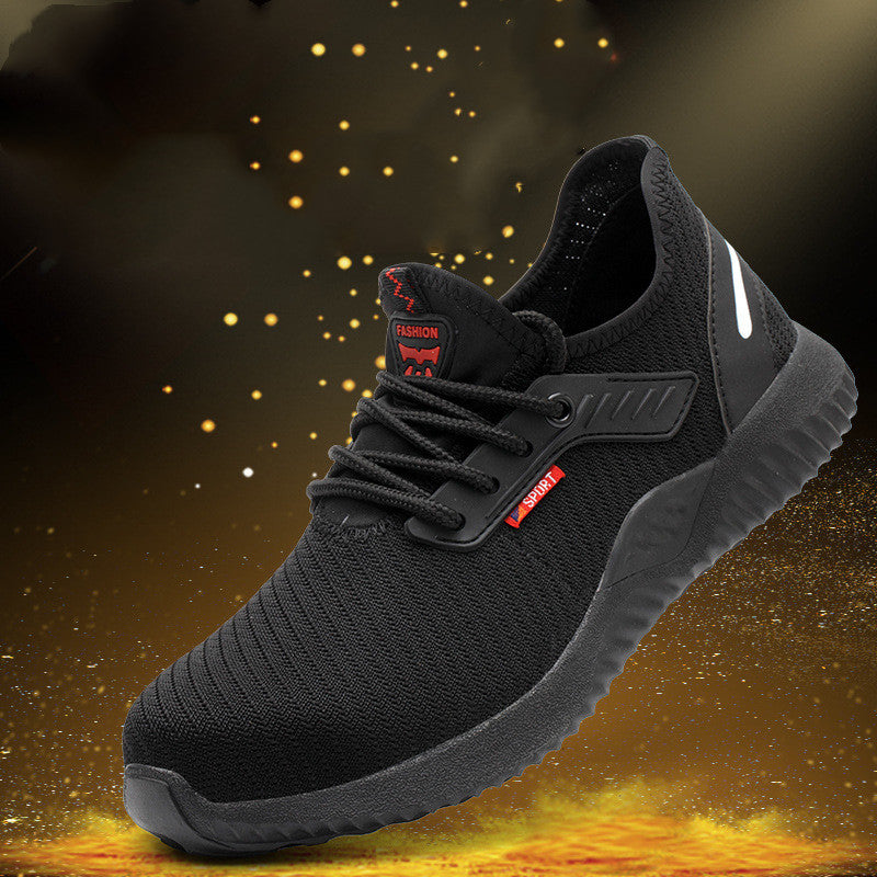 Mens Steel Toe Work Shoes in black with red detailing, shown against a dark promotional background with golden light effects.