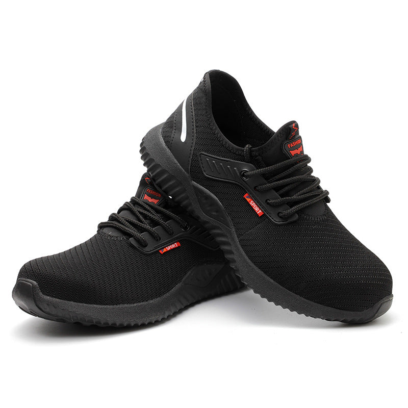 Mens Steel Toe Work Shoes in black with red tongue accents, displayed as a crossed pair showing the uppers and curved soles.