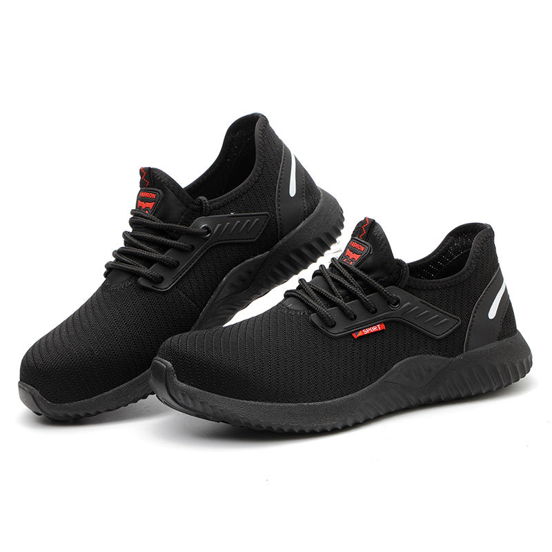 Mens Steel Toe Work Shoes in black with red tongue details, moulded lace panels and textured soles, displayed as a pair.