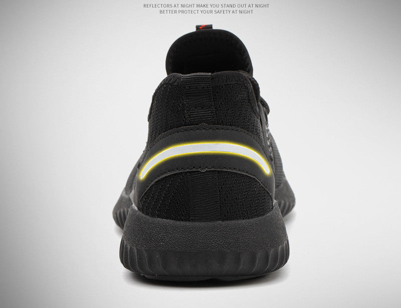 Mens Steel Toe Work Shoes rear view showing a black heel, pull tab and contrasting curved yellow and white detail.