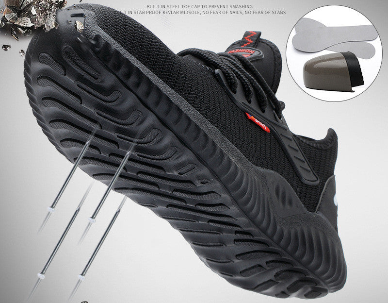 Mens Steel Toe Work Shoes supplier graphic showing a black shoe above nails, with an outsole view and a toe-cap illustration.