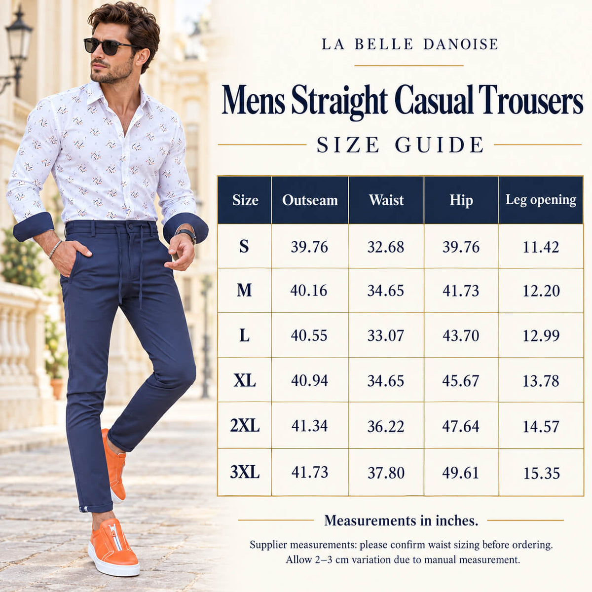 Mens Straight Casual Trousers size guide for sizes S–3XL, showing outseam, waist, hip and leg opening measurements in inches beside a model wearing navy trousers.