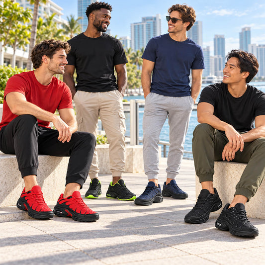 Mens Breathable Mesh Sneakers in red, black with green accents, navy blue and all black, worn by four male models on a sunny waterfront promenade.
