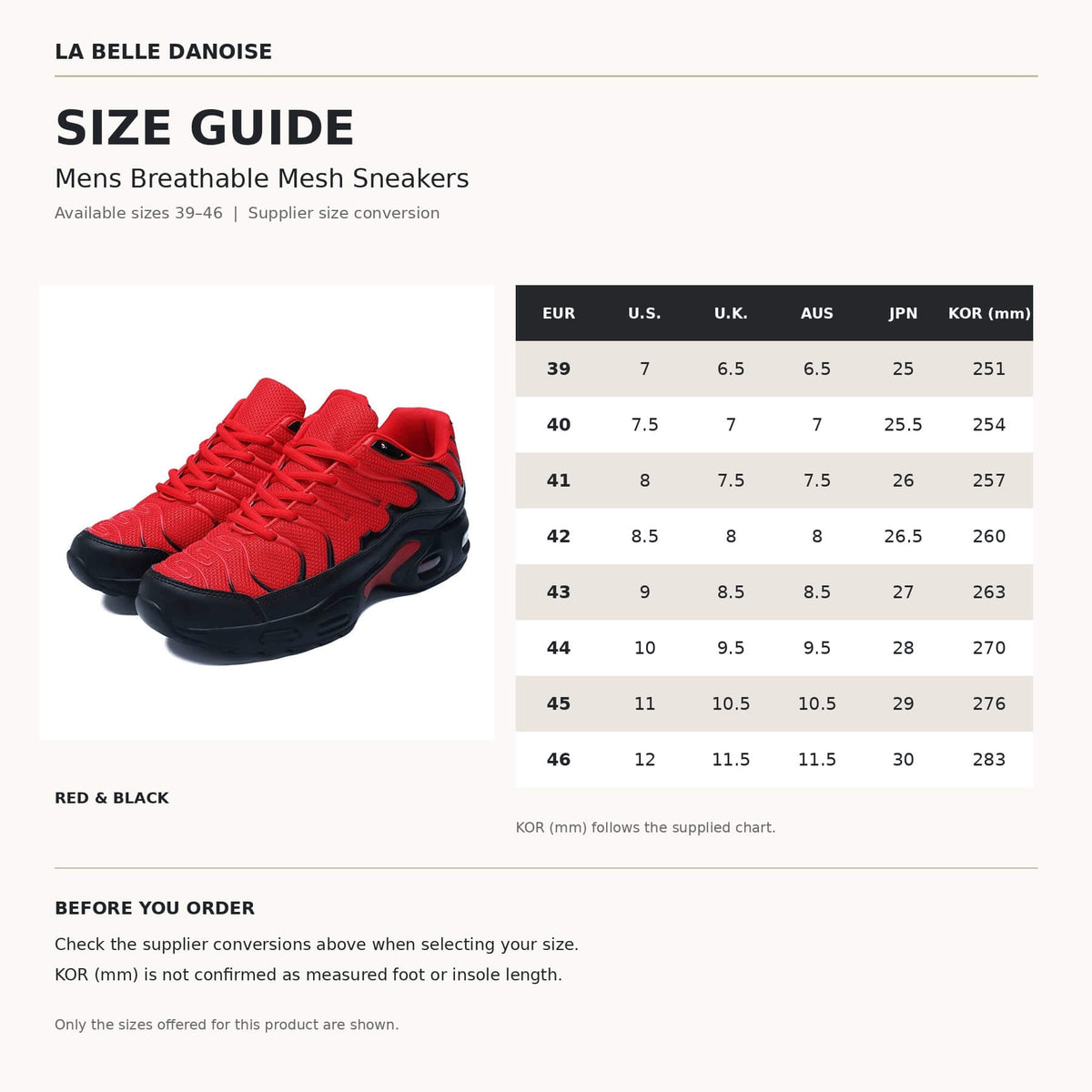 Mens Breathable Mesh Sneakers size guide showing sizes 39–46 with international size conversions and red and black shoes.