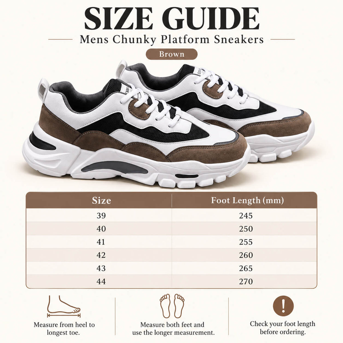 Mens Chunky Platform Sneakers in Brown size guide showing sizes 39–44 and corresponding foot lengths of 245–270 mm.