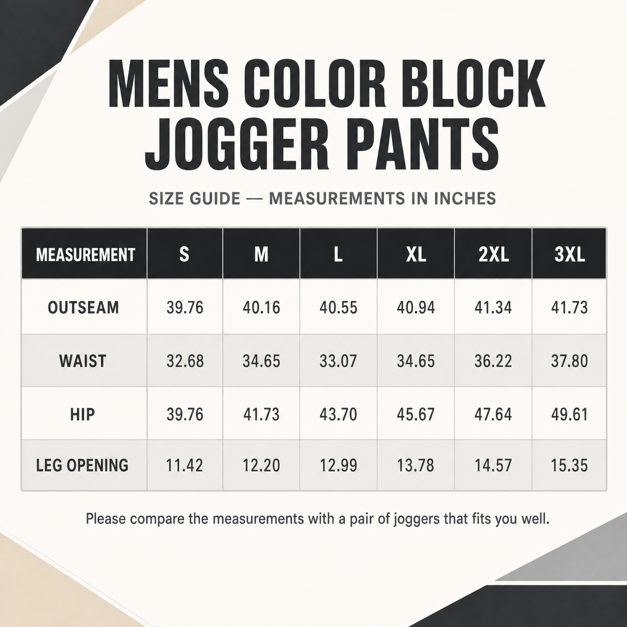 Mens Color Block Jogger Pants size guide for sizes S–3XL with outseam, waist, hip and leg opening measurements in inches