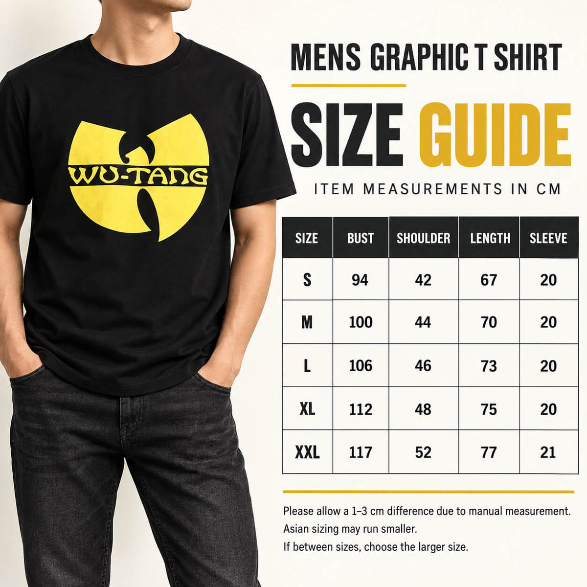 Mens Graphic T Shirt size guide showing bust, shoulder, length and sleeve measurements in centimetres for sizes S to XXL