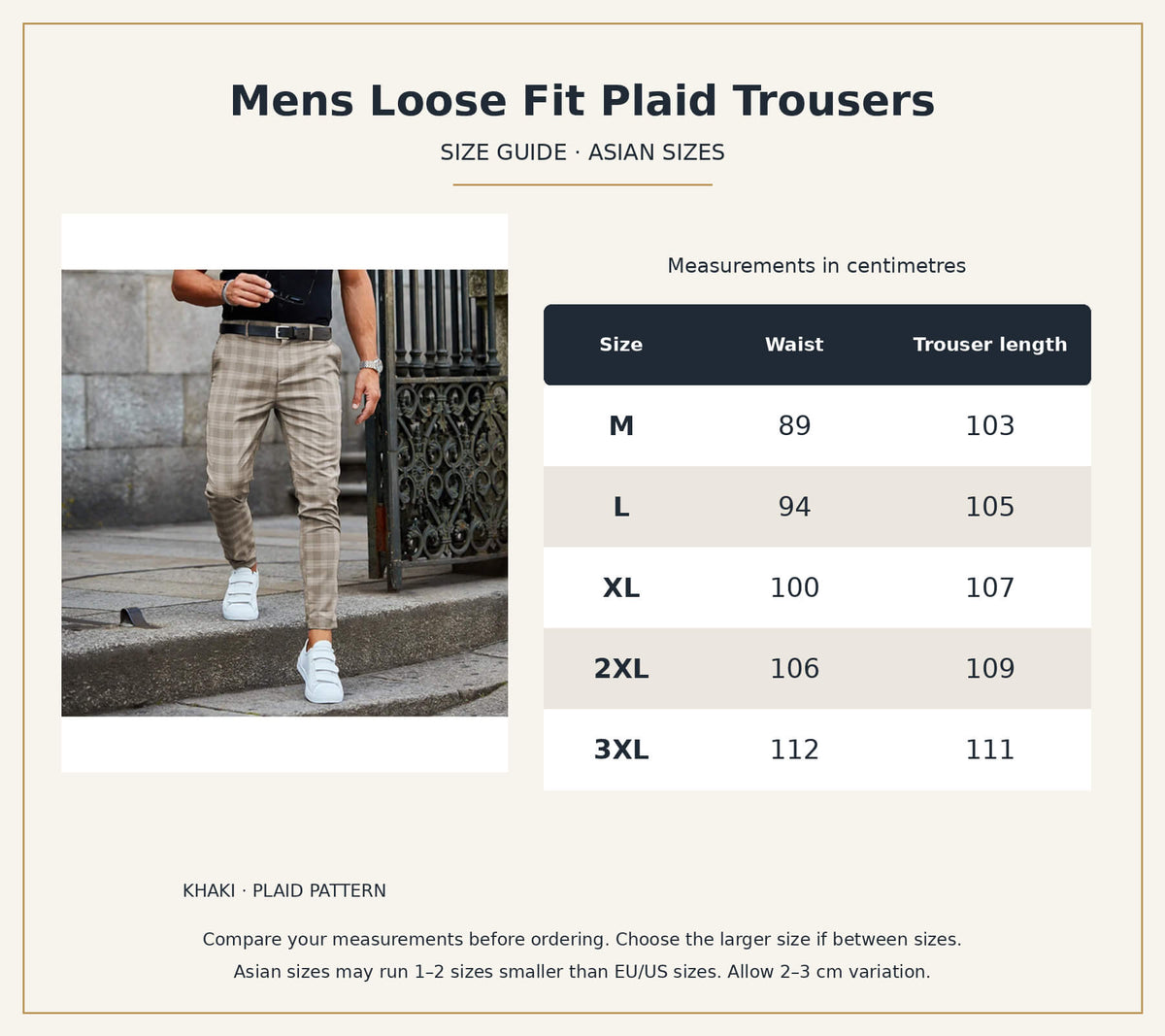 Mens Loose Fit Plaid Trousers size guide with a model wearing Khaki plaid trousers and waist and trouser length measurements for Asian sizes M–3XL in centimetres.