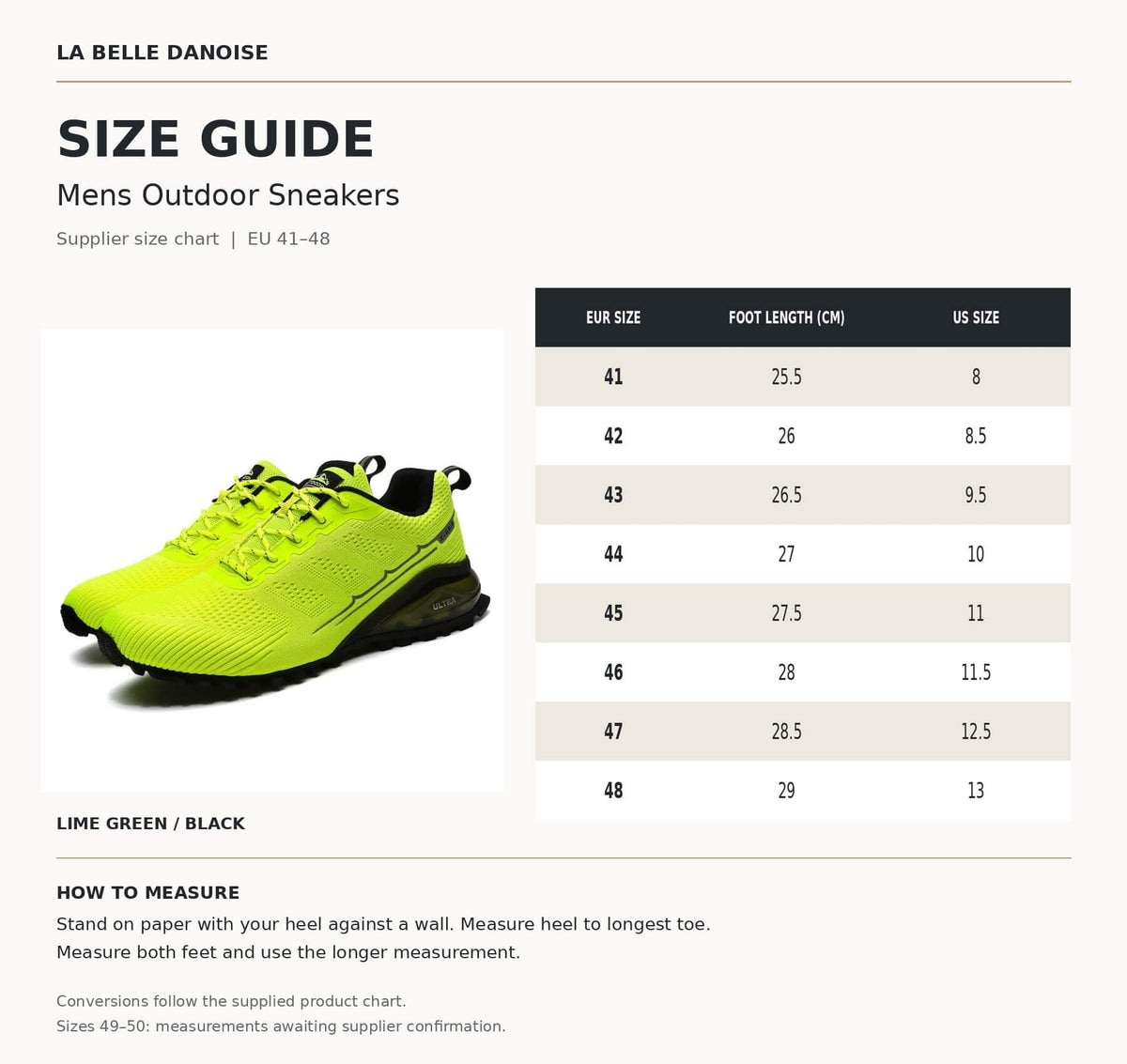 Mens Outdoor Sneakers in lime green and black beside a size guide showing EU sizes 41–48, foot lengths in centimetres and US conversions.