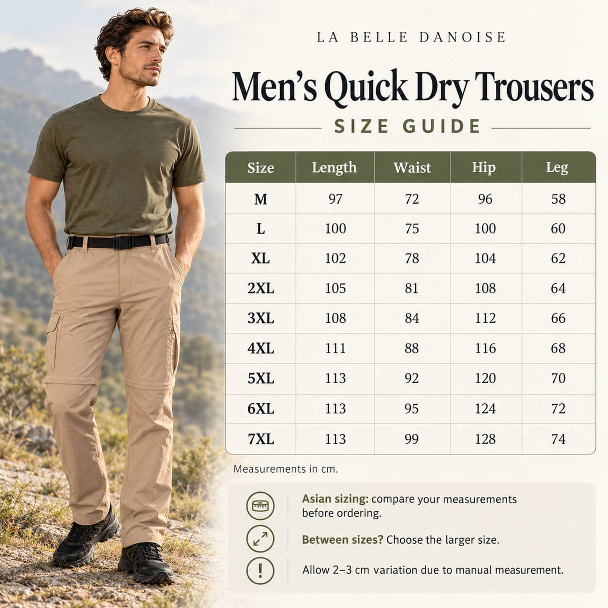 Men’s Quick Dry Trousers size guide for sizes M–7XL, showing length, waist, hip and leg measurements in cm alongside a model wearing black trousers.