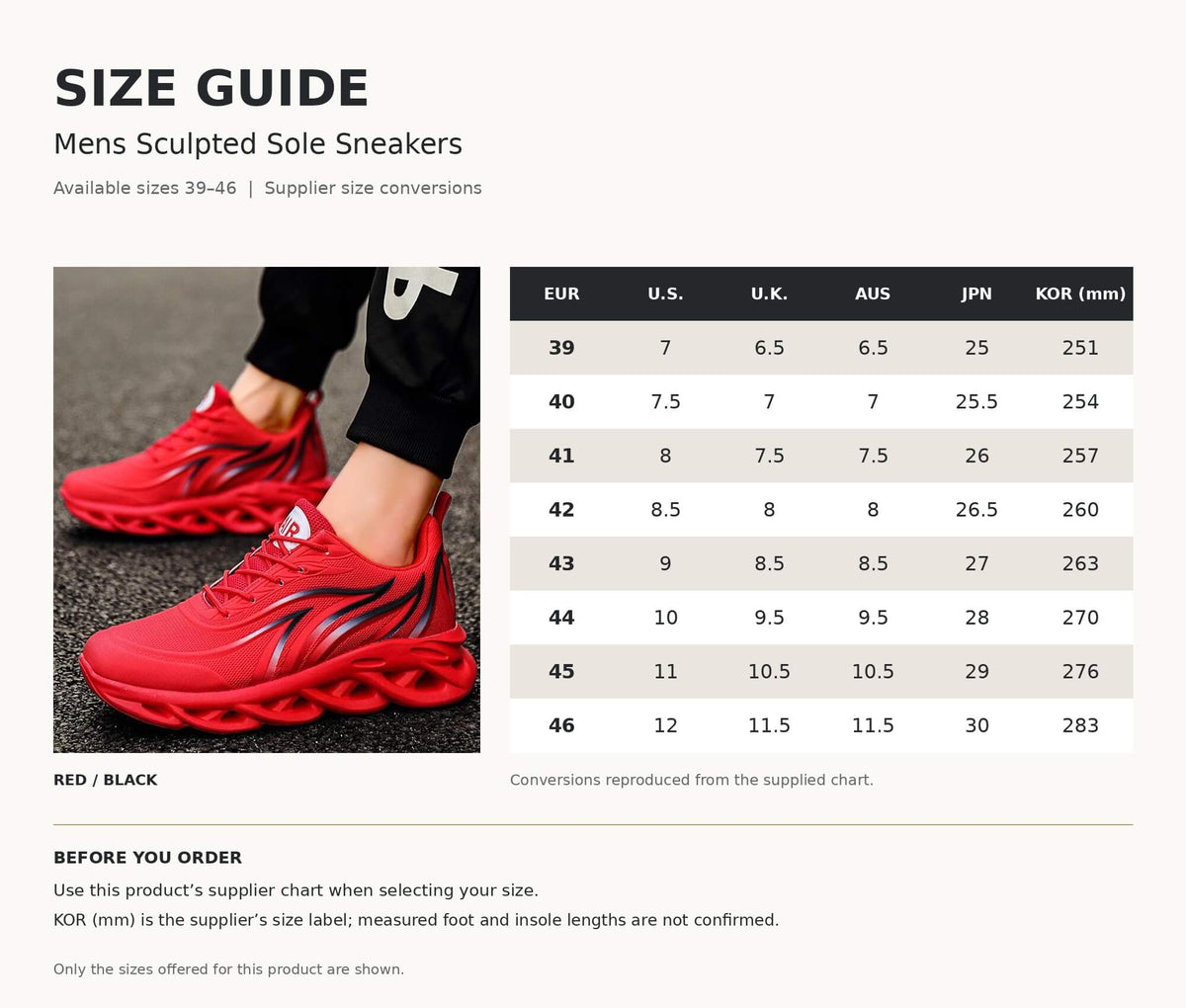 Mens Sculpted Sole Sneakers in red and black beside a size guide showing EU sizes 39–46 and international size conversions.