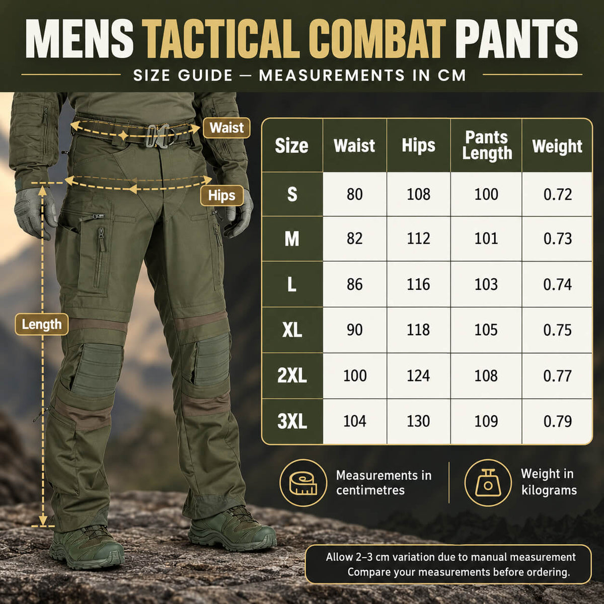Mens Tactical Combat Pants size guide with waist hips length and weight measurements