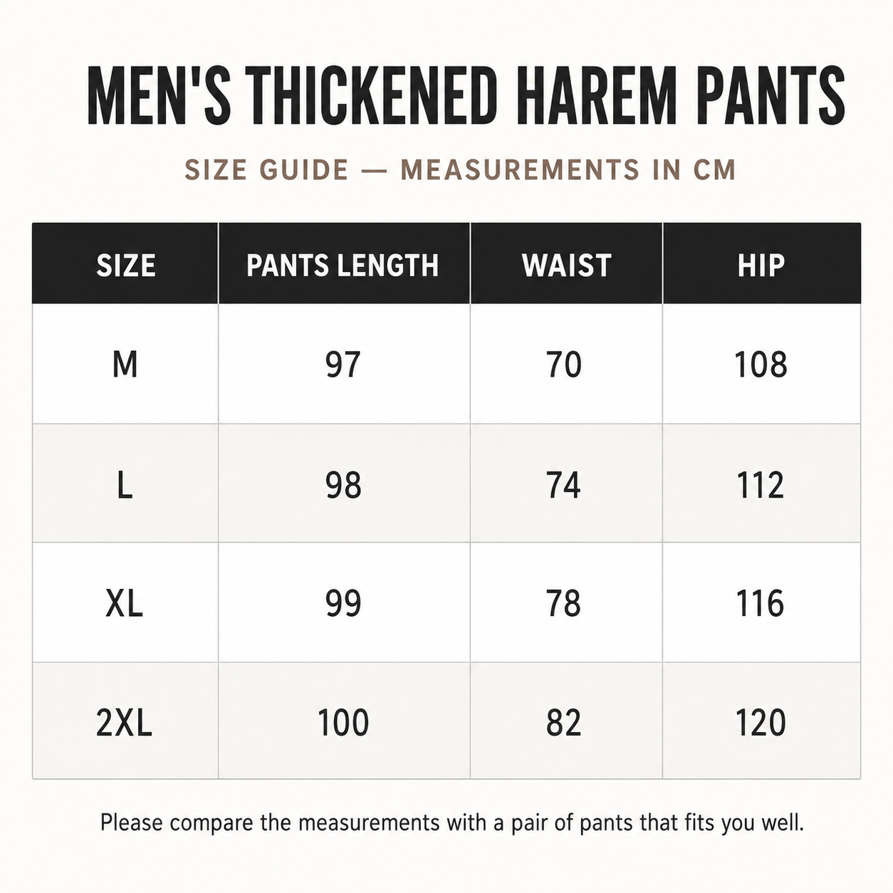 Mens Thickened Harem Pants size guide for sizes M–2XL with pants length, waist and hip measurements in centimetres