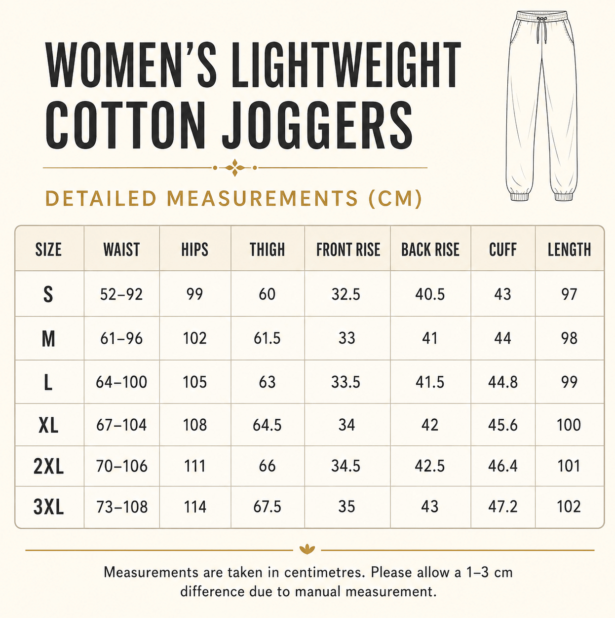 Womens Lightweight Cotton Joggers size chart in cm for sizes S to 3XL with waist, hips, thigh, rise, cuff and length measurements