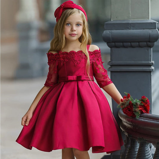 Princess Dress for Girls in dark red worn with floral lace sleeves and bow waist