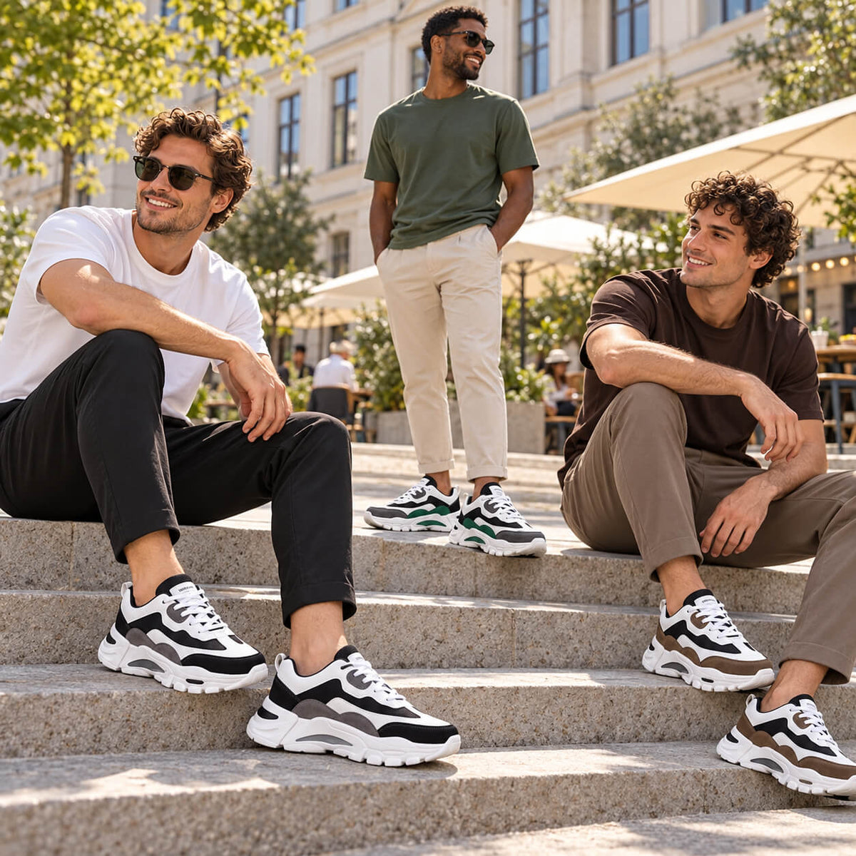 Three male models wearing white, green and brown Mens Chunky Platform Sneakers with casual T-shirts and trousers on outdoor steps in a sunny urban setting.