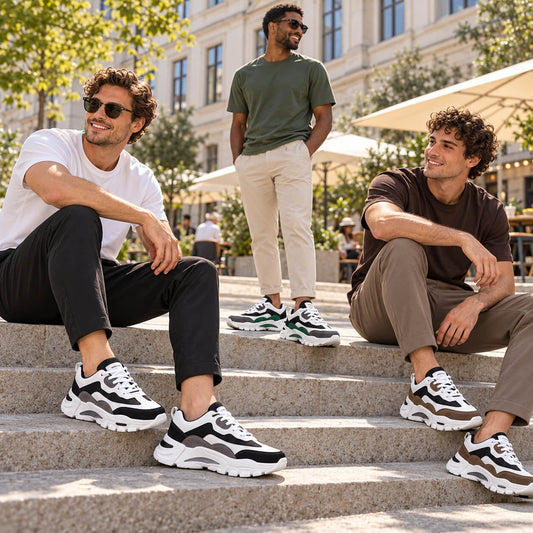 Three male models wearing white, green and brown Mens Chunky Platform Sneakers with casual T-shirts and trousers on outdoor steps in a sunny urban setting.