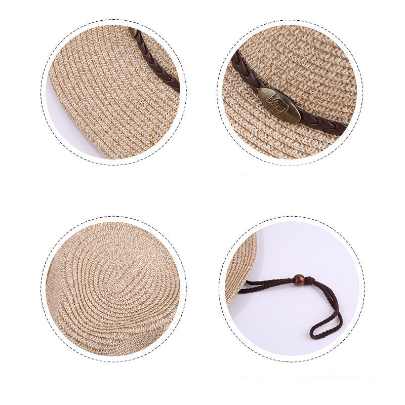 Unisex Cowboy Sun Hat detail collage showing the woven material, decorative hatband, crown interior and chin strap slider