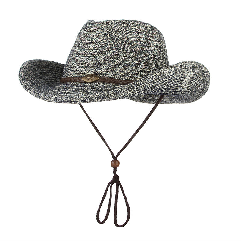 Unisex Cowboy Sun Hat in a dark green colour, showing the curved wide brim, decorative hatband and adjustable chin strap