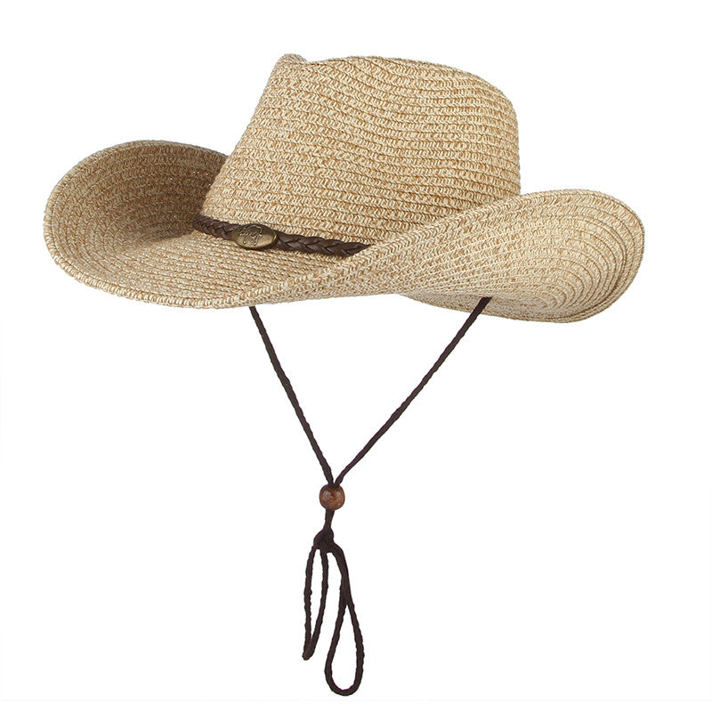 Unisex Cowboy Sun Hat in beige, angled front view showing the decorative hatband, curved brim and adjustable chin strap