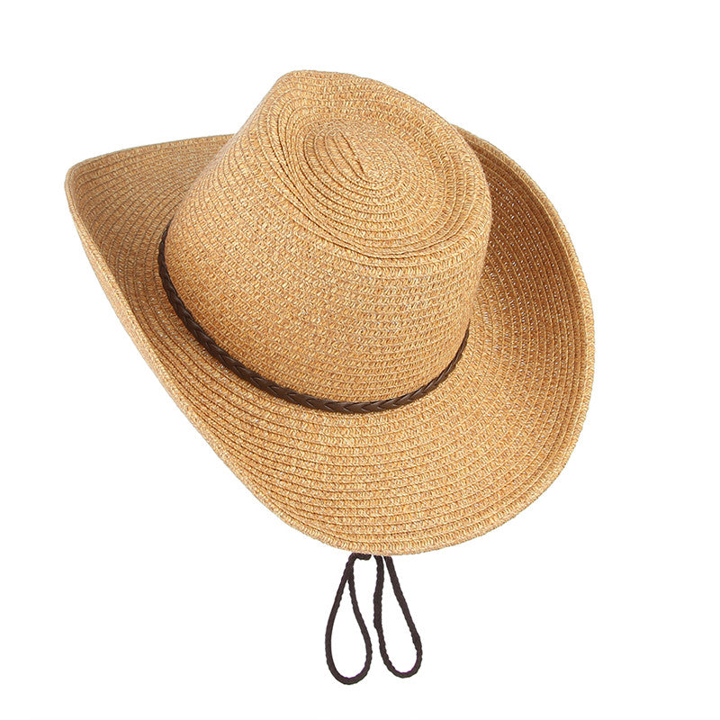 Unisex Cowboy Sun Hat in golden brown, angled top view showing the shaped crown, curved brim and chin strap