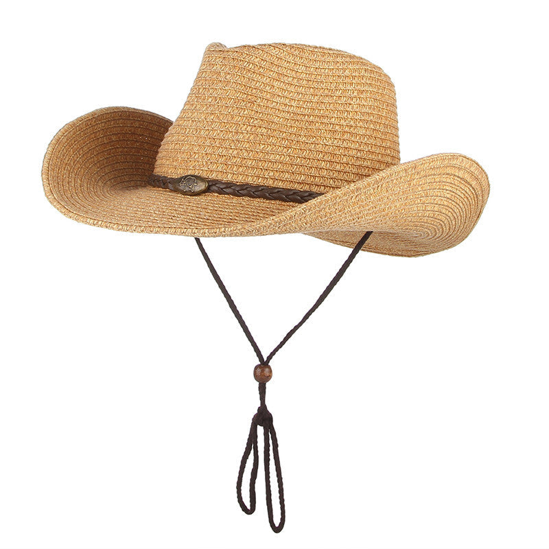 Unisex Cowboy Sun Hat in golden brown, angled front view showing the woven crown, decorative hatband and chin strap