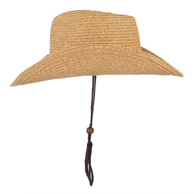 Unisex Cowboy Sun Hat in golden brown, rear view showing the woven crown, wide brim and hanging chin strap