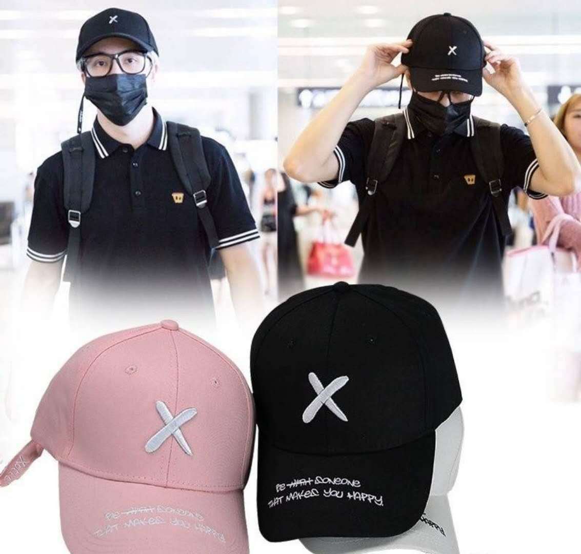 Unisex Embroidered Baseball Cap collage showing two people wearing black caps above pink and black product views.