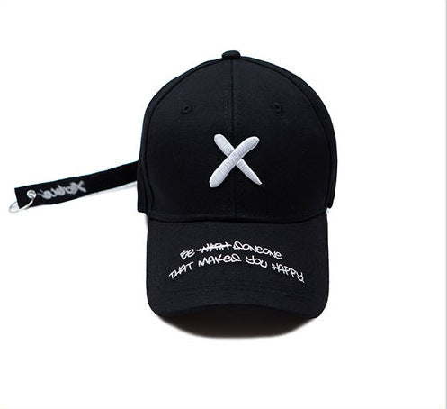 Unisex Embroidered Baseball Cap in black with light X embroidery, white peak lettering and a side adjustment strap.