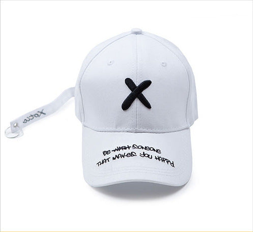 Unisex Embroidered Baseball Cap in white with black X embroidery, black peak lettering and a long adjustment strap.