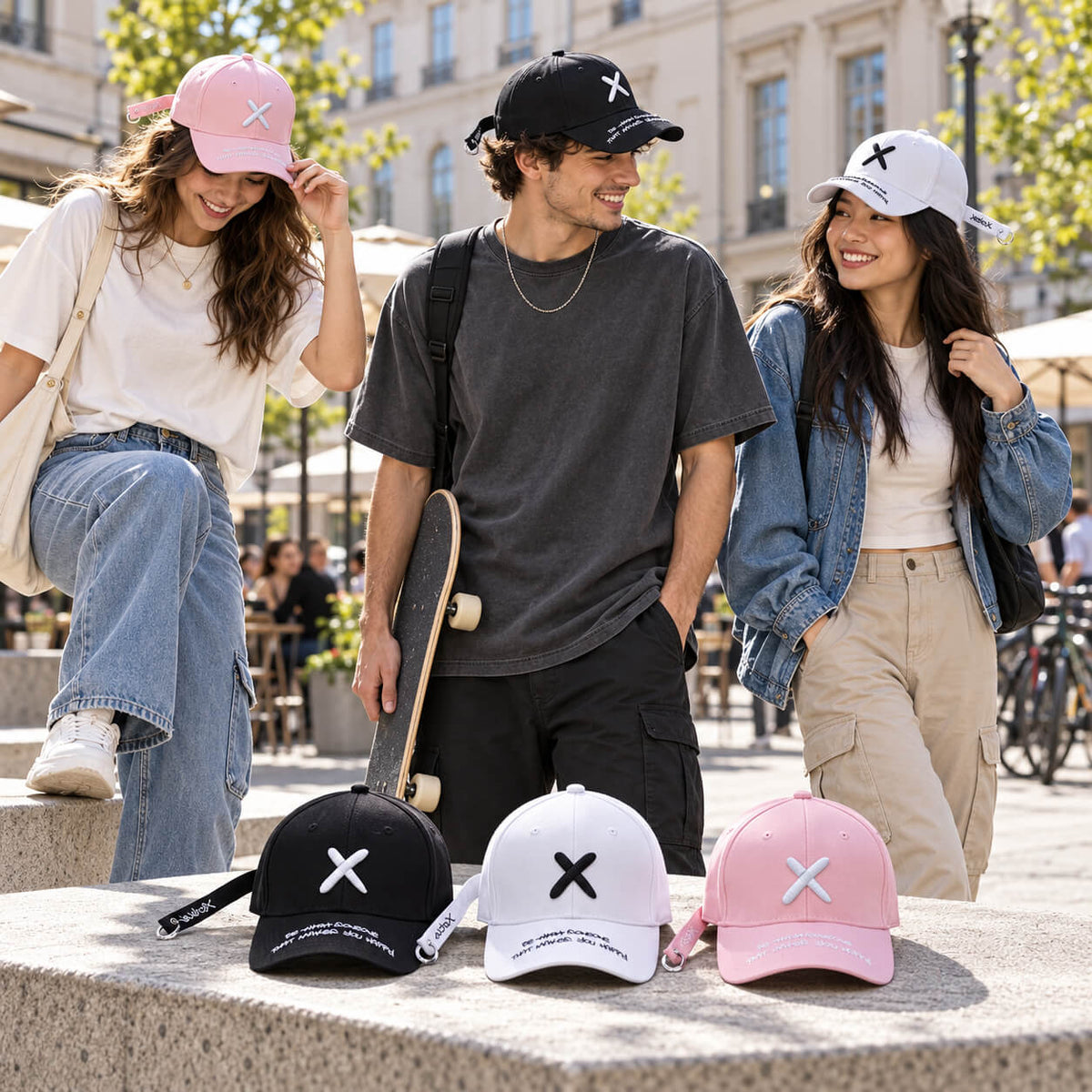 Unisex Embroidered Baseball Cap worn by women and men in modern streetwear with black, white and pink caps displayed
